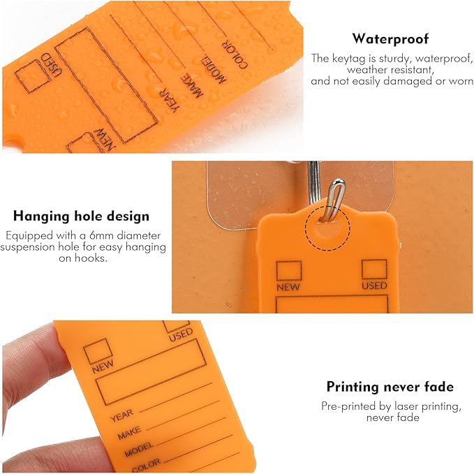 100 Car Key Tags with Labels Plastic Car Dealership Key Tags Self Locking Automotive Identifiers Blank Shop Labels with One Pen (Orange)