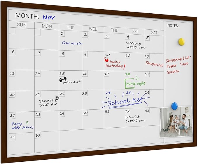 Comix Dry Erase Calendar Whiteboard for Wall,Magnetic Dry Erase White Board with Brown Wood Frame, 36 * 24 inches Decorative Planner Board for Office, Kitchen, School, Home
