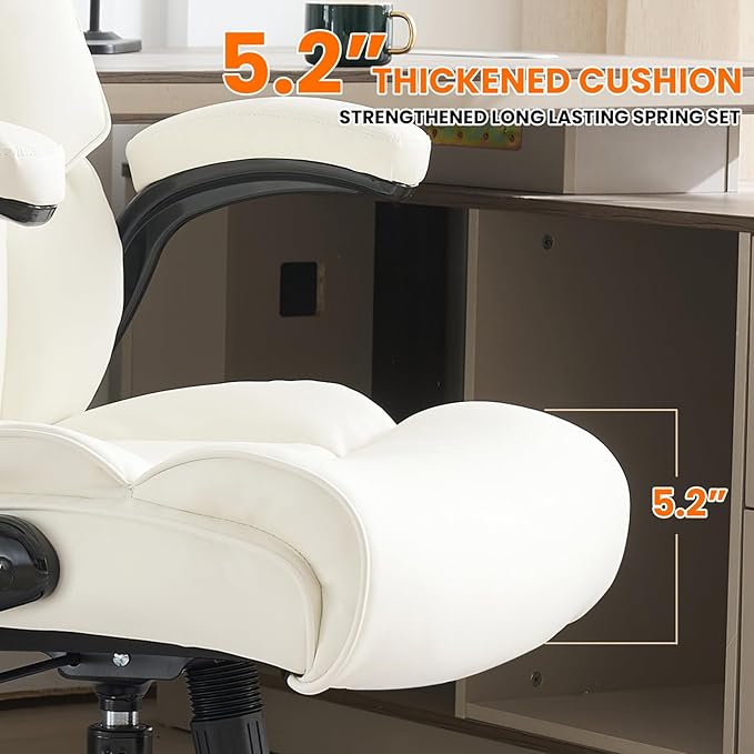 Big and Tall Office Chair 500lbs Wide Seat Executive Office Desk Chair High-Back Office Task Chair with Flip-Up Armrest, Ergonomic Lumbar Support Computer Office Chairs for Heavy People(White)