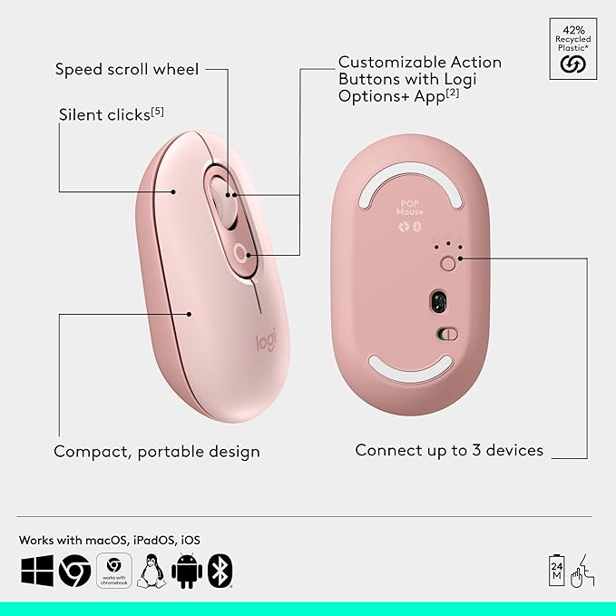 Logitech POP ICON Combo, Bluetooth Keyboard and Mouse Combo, Comfortable Typing, programmable Keys and Buttons, Quiet clicks, Easy-Switch up to 3 Devices - Rose
