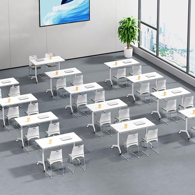 Folding Conference Room Table, Modern Mobile Training Table with Wheels, White Foldable Seminar Meeting Tables for Office Corporations (2pack 47.2in)