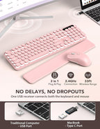 Wireless Keyboard and Mouse Backlit - Typewriter Keyboard with Retro Round Keycaps, Detachable Wrist Rest, Light Up Letters, 2.4G Rechargeable Combo for Mac, Windows, PC, Laptop, Trueque (Pink)