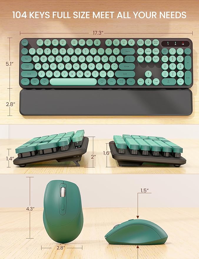 Wireless Keyboard and Mouse Combo - Cute Typewriter Keyboard with Detachable Wrist Rest, Retro Round Keycaps, Foldable Legs, 2.4GHz Keyboards for PC Laptop, Mac, Windows - Trueque (Black and Green)