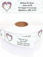 Floral Heart Wreath Rolled Address Labels with Elegant Plastic Dispenser