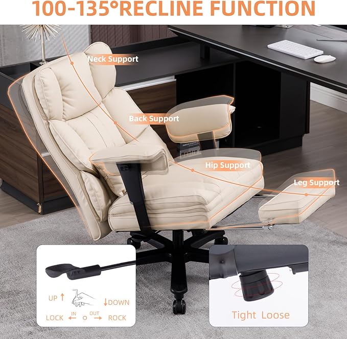 Big and Tall Office Chair 500lbs Wide Seat Executive Office Desk Chair High-Back Office Task Chair with Foot Rest, Ergonomic Lumbar Support Computer Office Chairs for Heavy People(Beige)