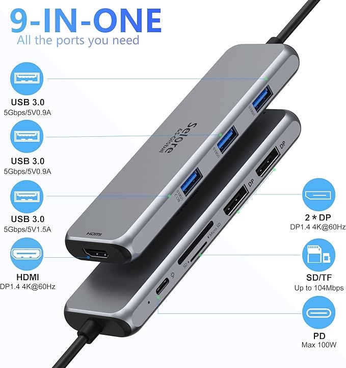 Docking Station Dual DisplayPort, Selore USB c hub with 2 displayport, HDMI, 3*USB 3.0,100W PD,SD & TF Slot, 9 in 1 2 dp Multiport Adapter for MacBook/Dell XPS/HP/Lenovo/Microsoft Surface