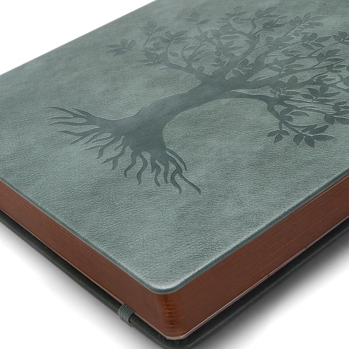 ZXHQ B5 360 Pages Lined Journaling Notebooks with Pen, Journals for Women Men Writing Notebook, Tree of Life Design, Brown Edge, Fine Inner Pocket - Grey