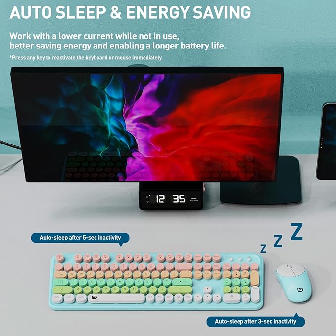 FD 2.4GHz Wireless Keyboard and Mouse Set with Switch Button - Full-Size Keyboard - Compatible for Windows/Laptop/PC/Notebook/Smart TV and More - Blue White Colorful