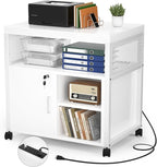 Unikito Rolling File Cabinet Lateral Office Filing Cabinets with Socket and USB Charging Port, Modern Printer Stand on Wheels, Printer Cabinet with Door and Open Storage, Lockable, White