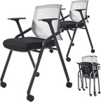 2 Pack Stackable Conference Room Chairs with Paddle Folding Office Chair Foldable Desk Chair Mesh Back and Arms for Conference Meeting Guest Reception Home Office Training Room Chair