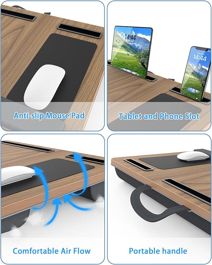 Laptop Lap Desk, Portable Large Laptop Desk for Bed, Up to 17 in Lap Table with Wrist Rest, Mouse Pad, Tablet Phone Slot, Portable Handle, Cushion (Dark Brown Woodgrain)