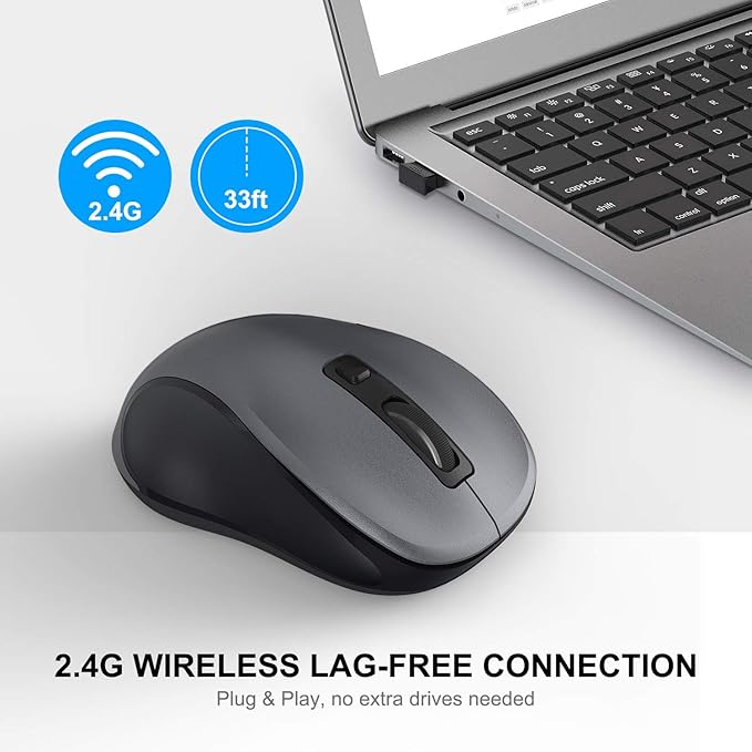 WisFox 2.4G Wireless Mouse for Laptop, Ergonomic Computer Mouse with USB Receiver and Type-C Adapter, 3 Adjustable Levels DPI, 6 Button Cordless Wireless Mice (Grey, 1 Pack)