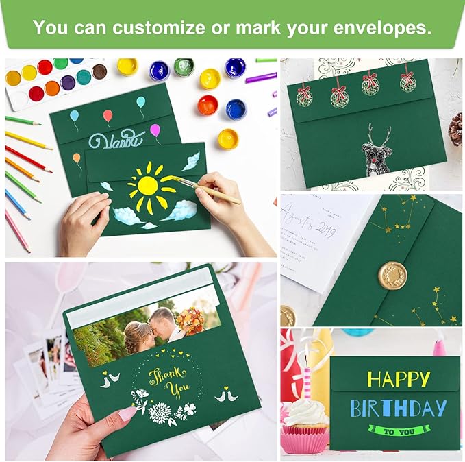 50 Pack 5x7 Envelopes - Self Seal for Invitations, Weddings, Photos & Greeting Cards (Dark Green)