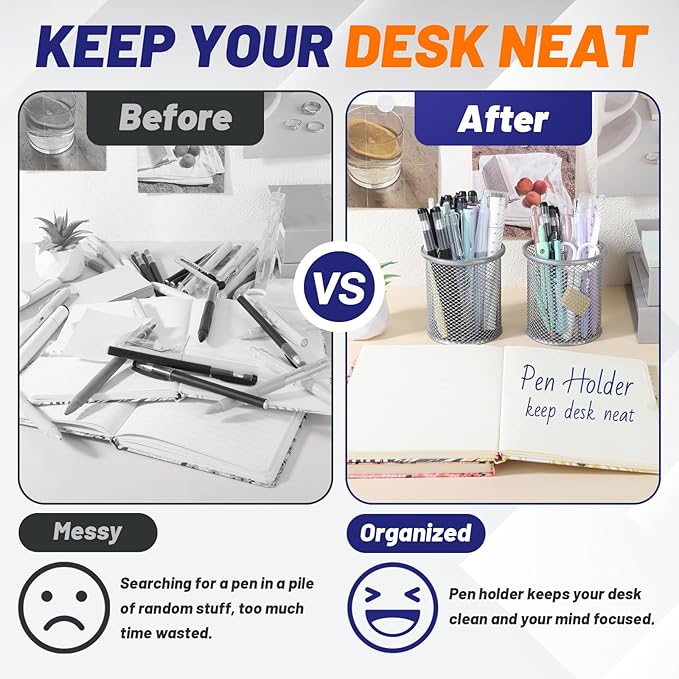 Segarty Pen Holder for Desk, 6 Pack Round Silver Pen Holder, Wire Mesh Pencil Cup Containers Set, Desktop Organizer for Office Supplies, School Classroom, Home, Makeup Brush