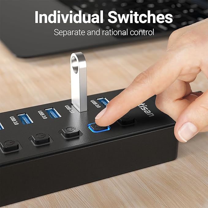 Powered USB Hub, 11-Port USB 3.0 Hub Splitter - 10 USB 3.0 Data Transfer Ports + 1 Smart Charging Port, USB Hub 3.0 Powered with Individual LED On/Off Switches and 5V/4A Power Adapter