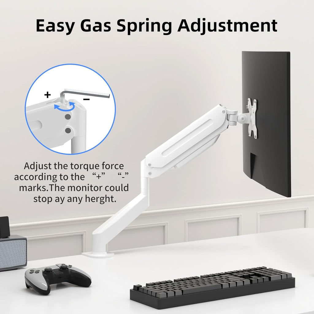 Suptek Single Monitor Mount Adjustable Gas Spring Monitor Arm Desk Mount Stand Fits 17 20 22 23 24 26 27 32 33 inch Monitors,Holds up to 22 lbs,White(MD18W)
