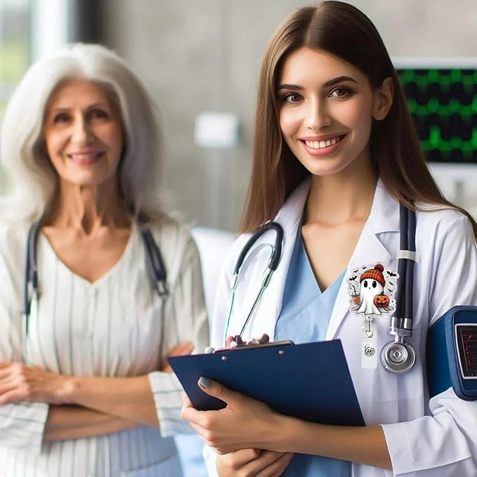Cute Little Ghost Halloween Badge Reel Pumpkin Badge Reel Retractable with Clip Gifts for Nurse Doctor Teacher Colleague Acrylic Badge Holder with Metal Alligator Clip Design Cute Spooky Badges Holder
