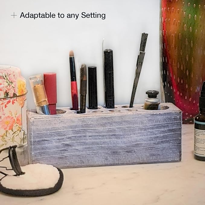 Whitewashed Wooden Pen Holder, Grey Solid Wood Desk Organizer, Rustic Paint Brush Holder and Art Supplies Organizer