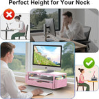 Desk Organizer and Accessories, Computer Monitor Stand Riser with Drawer and 2 Pen Holders, Office Desk Accessories & Workspace Organizers for Office Supplies (Pink)