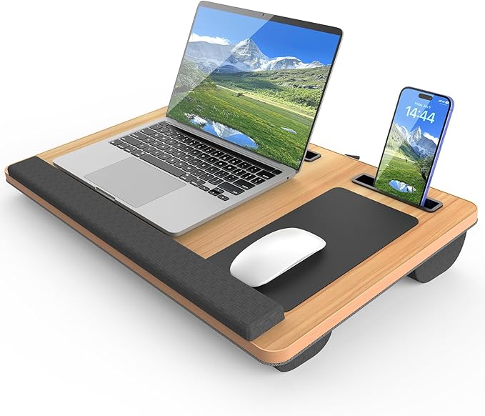 Laptop Lap Desk, Portable Large Laptop Desk for Bed, Up to 17 in Lap Table with Wrist Rest, Mouse Pad, Tablet Phone Slot, Portable Handle, Cushion (Light Brown)