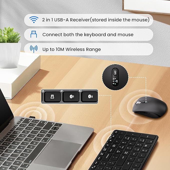 Wireless Bluetooth Keyboard and Mouse Combo (USB + Dual BT), Multi-Device Slim Keyboard and Mouse Set Compatible for Windows, Mac,PC Laptop iPad Tablet - QWERTY
