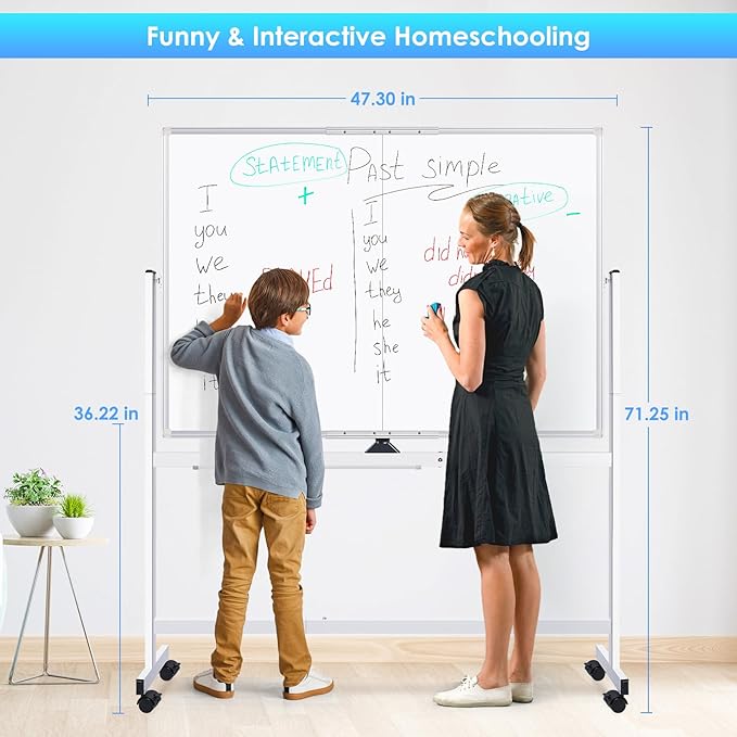 maxtek Rolling Whiteboard, 48x36 Large Magnetic White Board with Stands, Big Double-Sided White Board Dry Erase on Wheels for Homeschool, Home Office, Office, School (Silver, 48 x 36)