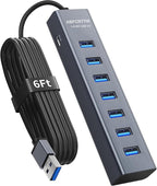 6Ft 7-Port USB 3.0 Hub for Desktop, Aluminium USB Extender Hub 5Gbps, Multiport Adapter, Long Cable for Desktop, PC, Flash Drive, Mobile HDD, Windows/XPS, 1.8m