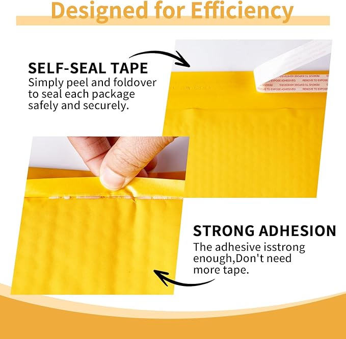 Kraft Bubble Mailers 6×10' Inch 50 Pack Yellow shipping envelopes Self-Seal Padded Mailing Envelopes for Jewelry Makeup Supplies and Small Business Packaging