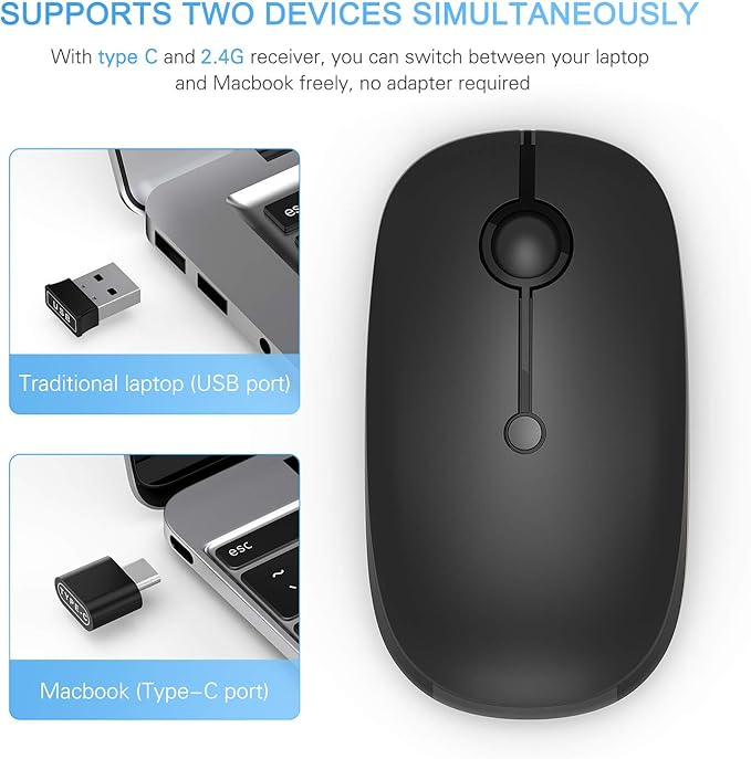 Type C Wireless Mouse，Vssoplor USB C Rechargeable Portable Quiet Mouse USB and Type C Receiver Dual Mode Laptop Mouse for PC, Laptop, MacBook, Tablet-Black