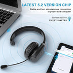 Bluetooth Headset, 60hrs Noise Canceling V5.2 Over Head Headphones, Single Ear Trucker Wireless Headset with Mic, Mute Button, Multipoint, for Phones PC Computer Truck Driver Office Work - Black