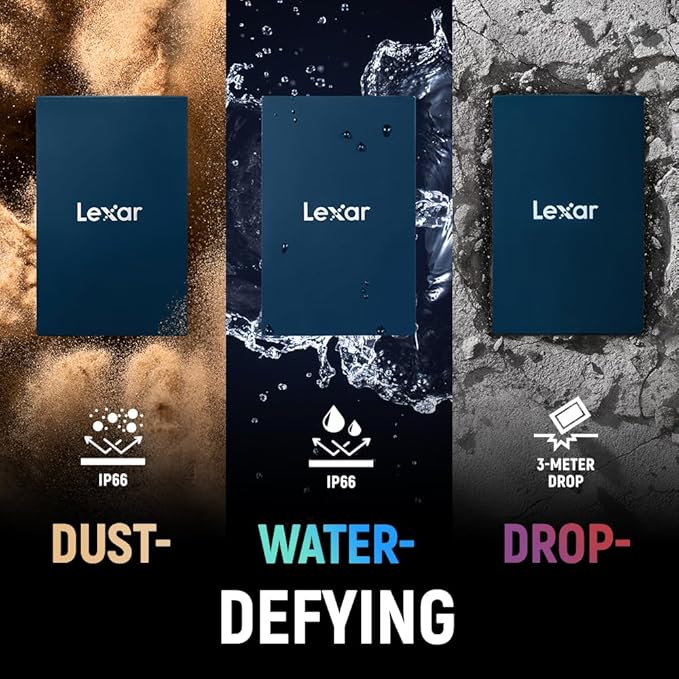 Lexar 2TB Armor 700 Portable SSD, Up to 2000MB/s, USB 3.2 Gen 2x2, Rugged, IP66 Water & Dust Resistance, Compatible w/iPhone 15/16, Cameras, Gaming, External SSD, Dark Blue (LAR700X002T-RNLNU)