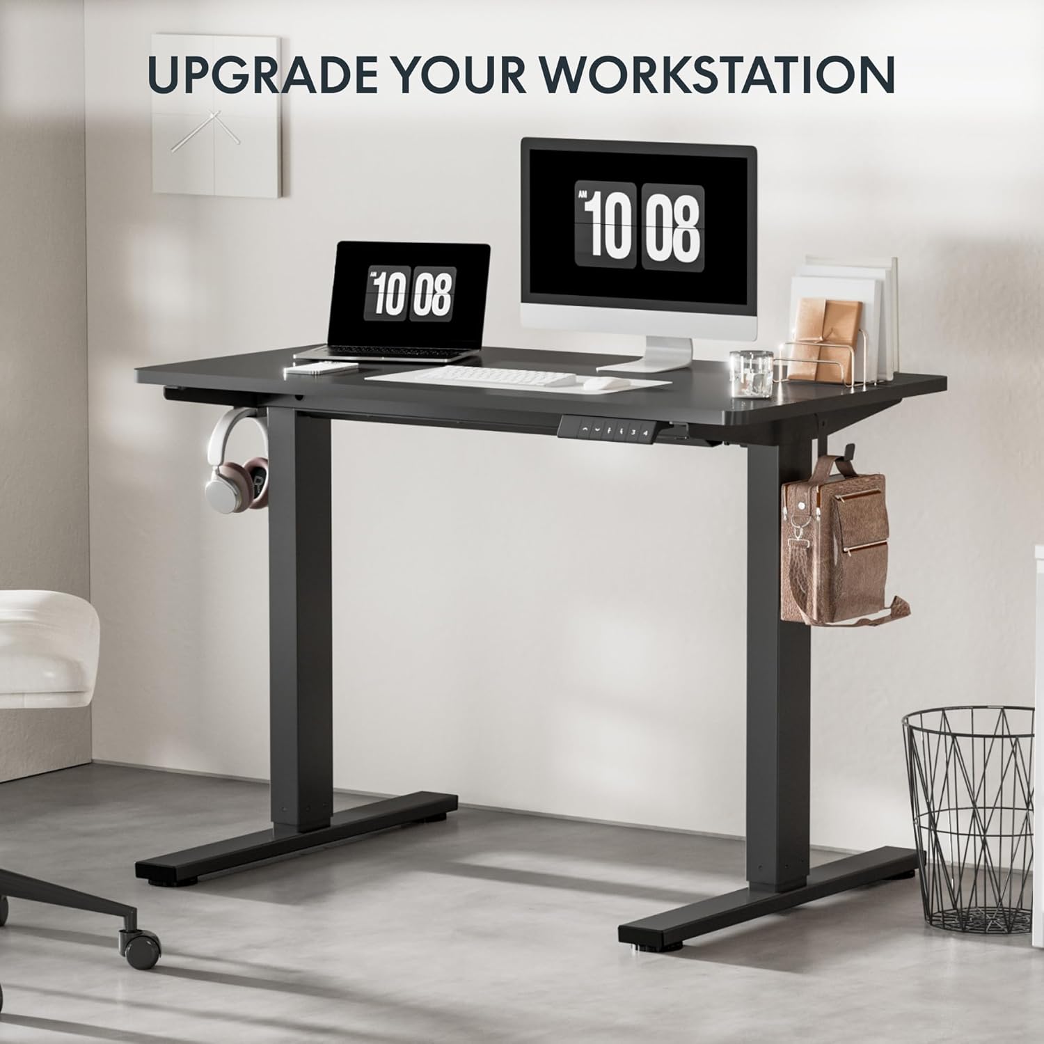 FLEXISPOT EN1 Whole-Piece Standing Desk 48 x 24 Inches Electric Height Adjustable Desk for Home Office (Black Frame + Black Table Top)