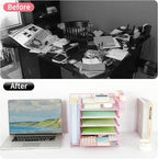 Desk Organizer with Drawer and Pen Holder, 5-Tier Paper Letter Tray Organizer with File Holder, Suitable for Workspace Organizer Office Supplies Storage (Pink)