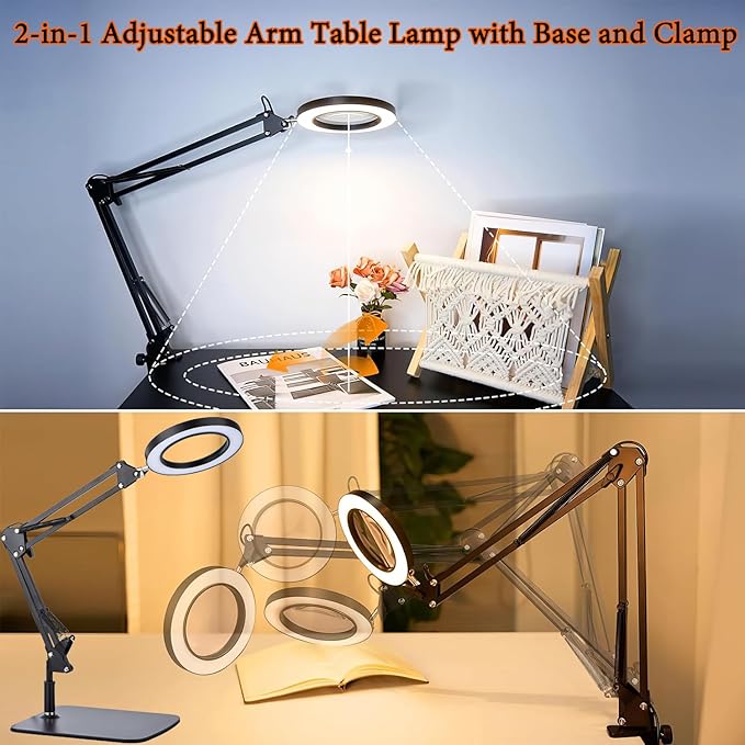 15X Magnifying Glass Lamp with Clamp and Stand, 72 LEDs Desk Lamp with 3 Color Temperatures and 10 Levels Adjustable Brightness for Diamond Art Accessories Hobbies Crafts Reading Close Work Magnifier