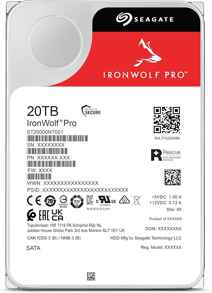 Seagate IronWolf Pro, 20 TB, Enterprise NAS Internal HDD –CMR 3.5 Inch, SATA 6 Gb/s, 7,200 RPM, 256 MB Cache for RAID Network Attached Storage (ST20000NT001)