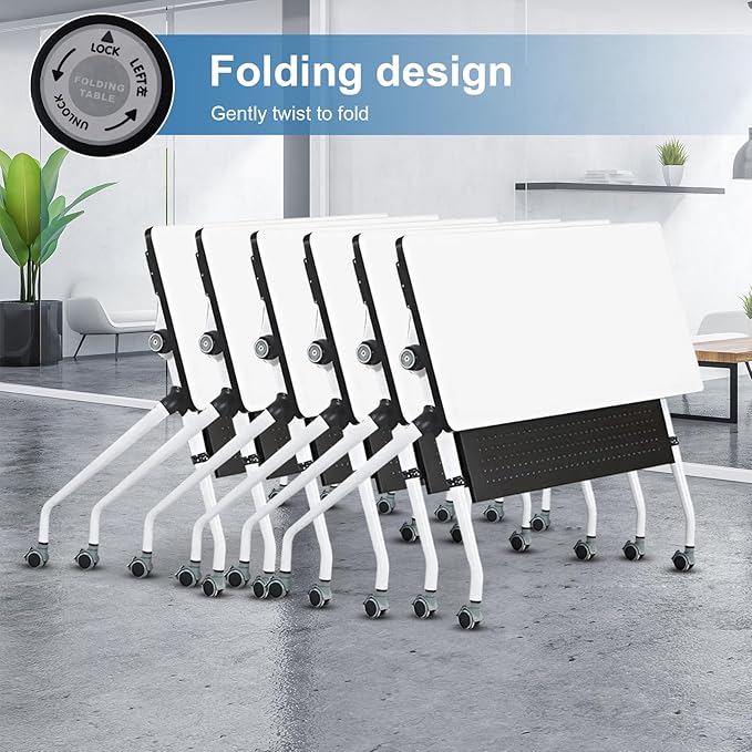 Conference Table, Folding Conference Room Tables, Mobile Training Tables with Silent Wheels, Large Rectangular Modular Seminar Table Office Computer Desks for Classroom White (10Pack L47.2in)