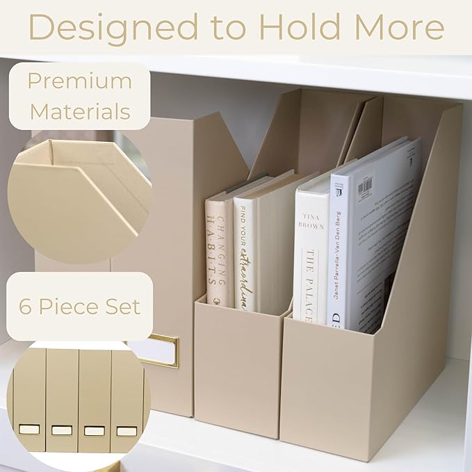 BLU MONACO Set of 6 Foldable Magazine File Holders in Taupe – Sturdy Cardboard Vertical Organizers with Label Holders – Office File Storage Box, Desk Organizer, Paperwork and Document Holder