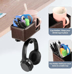Desk Cup Holder Clip on Pen Holder Headphone Hanger Headset Stand Rotatable Clamp Hook Under Desk (Brown)