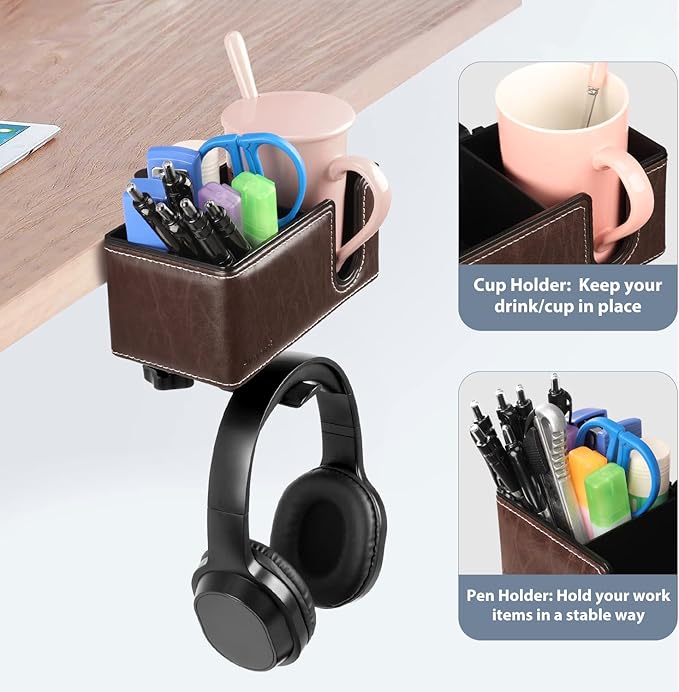 Desk Cup Holder Clip on Pen Holder Headphone Hanger Headset Stand Rotatable Clamp Hook Under Desk (Brown)
