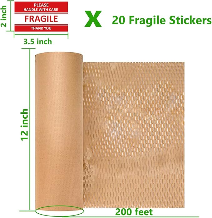 Honeycomb Packing Paper,12" W x 200' L Bubble Cushioning Wrap for Moving,Products & Gifts Wrapping Paper,Recyclable and Biodegradable Cushioning Packing Material with 20 Fragile Sticker Labels