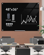 Magnetic Glass Whiteboard，48"x36" Wall Mounted Frameless Dry Erase Board for Office, Home & School Black