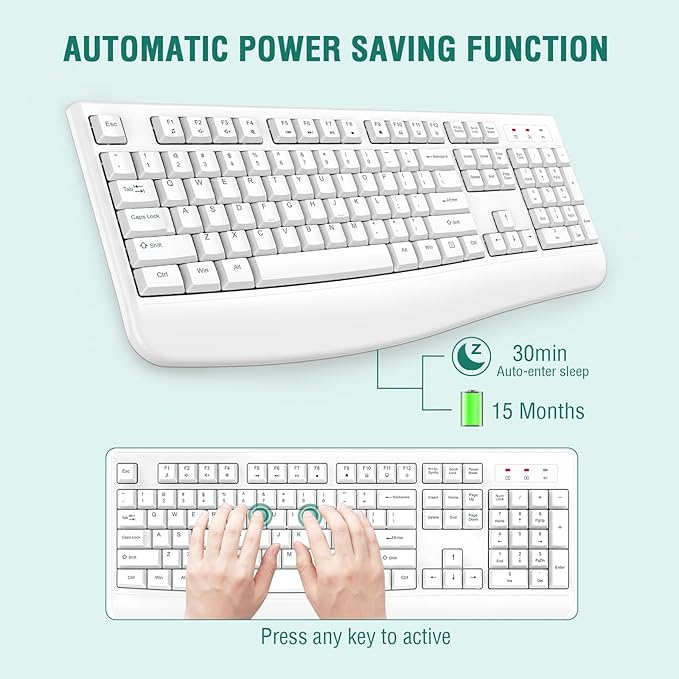 EDJO Wireless Keyboard, 2.4G Ergonomic Full Size Wireless Computer Keyboard with Wrist Rest for Windows, Mac OS Desktop/Laptop/PC（White）