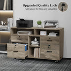 VINGLI Wide 4 Drawer File Cabinet with Lock, Rustic Grey Rolling File Cabinet with Open Shelves, Lockable Printer Stand, Letter Sized
