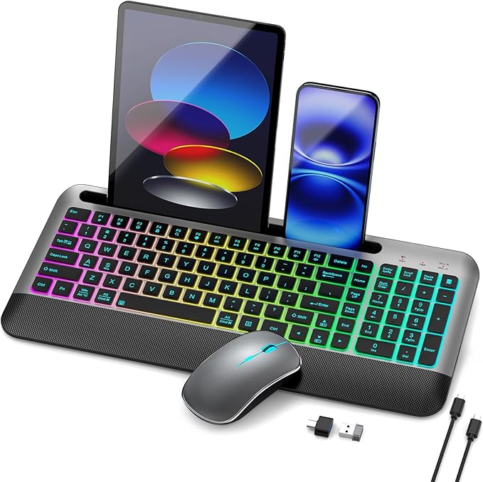 JOYACCESS Wireless Keyboard and Mouse Combo Backlit - Compact Quiet Keyboard with RGB Mouse, Rechargeable, Portable Cordless Keyboard Mouse Set for Mac, Windows, Laptop (Space Gray)