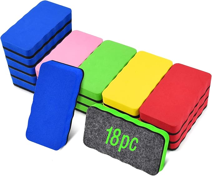 Dry Erase Erasers, Eeoyu 18 Pack Magnetic Whiteboard Dry Erasers Chalkboard Cleaner Wiper for Kids and Classroom Teacher Supplies Home and Office, 5 Colors