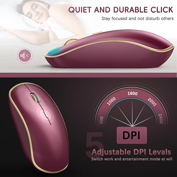 JOYACCESS Wireless Keyboard and Mouse, 2.4g Slim and Ergonomic Wireless Keyboard Mouse Combo- Full Size and Portable Design for Laptop/Windows/Computer-Wine Red Gold