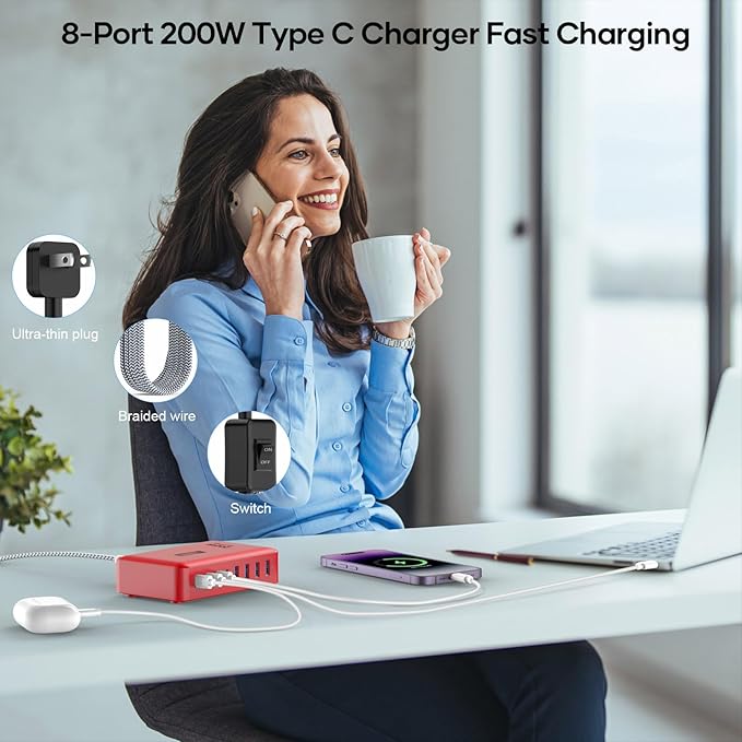 8-Port USB Charger Block 200W with Flat Plug, Braided Power Cord, and On/Off Switch- USB Charging Hub for iPhone, iPad, MacBook and More- 65W C Port Power Adapter for Laptops