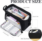 Pencil Case Pouch Large Capacity with Compartments, Pencil Case Pouch Bag with Zipper Handle for Teen Girls Boys Adults Women Men, Portable Pen Bag Stationery Organizer for Office School Travel, Black