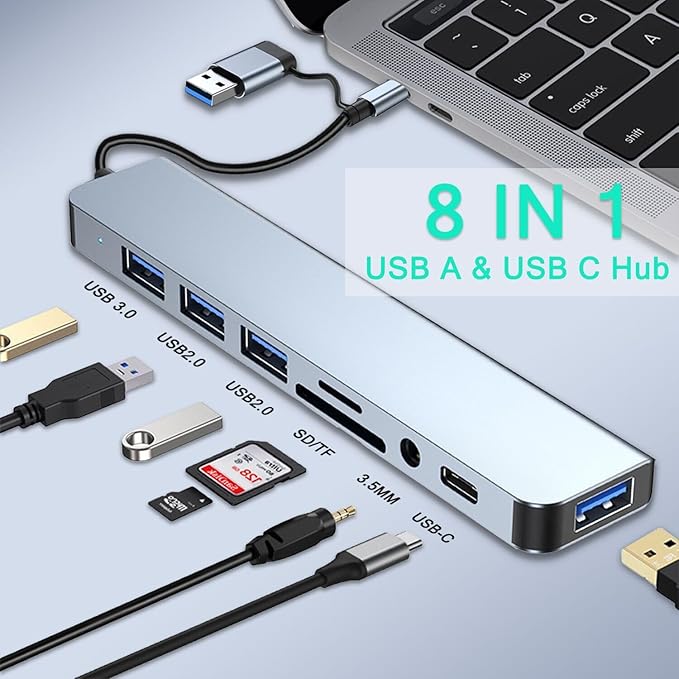 USB C Hub USB Hub 3.0, VIENON Aluminum 8 in 1 USB Splitter with 1 x USB 3.0, 3 x USB 2.0 and 1 x USB C, SD/TF Card Reader, 3.5mm Aux Ports for MacBook Pro Air and More PC/Laptop/Tablet Devices