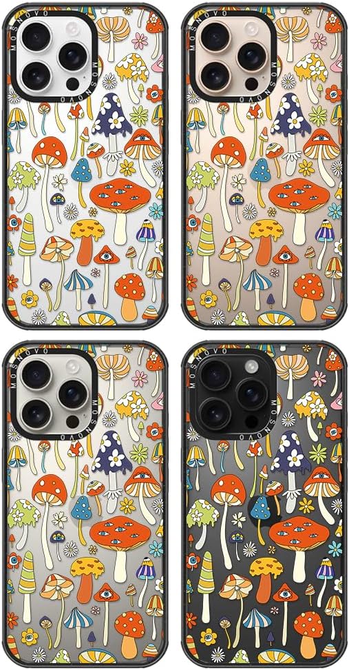 MOSNOVO Case for iPhone 16 Pro Max, [10ft 4X Military-Grade Drop Protection] Durable & Shockproof Phone Case Cover Design for iPhone 16 Pro Max - Mushroom Art - Clear Black
